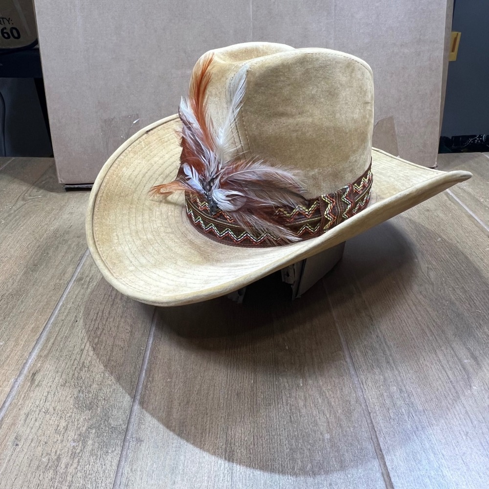 The Duke Collection Tan Western Cowboy Hat Feather Woven Band Cattleman Crown